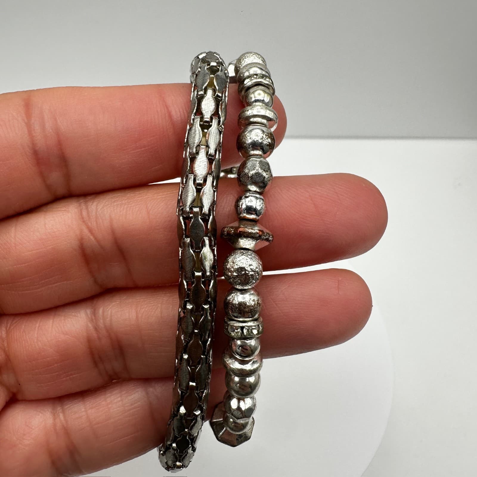 Vintage 90s Dual-Tone Multi-Strand Leather & Silver-Tone Metal Bead Bracelets - Thumbnail 10