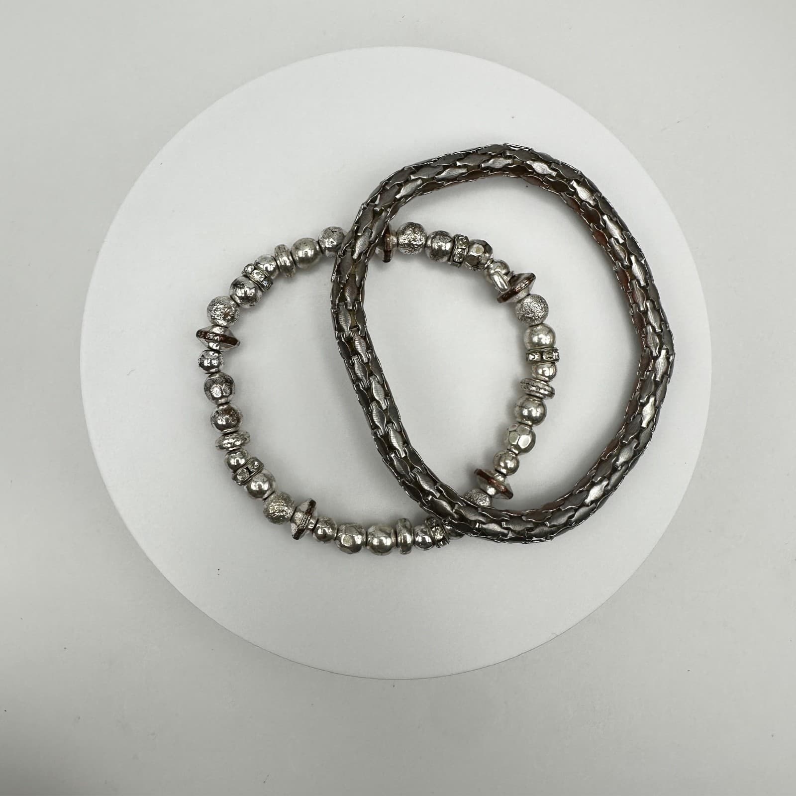 Vintage 90s Dual-Tone Multi-Strand Leather & Silver-Tone Metal Bead Bracelets - Image 1
