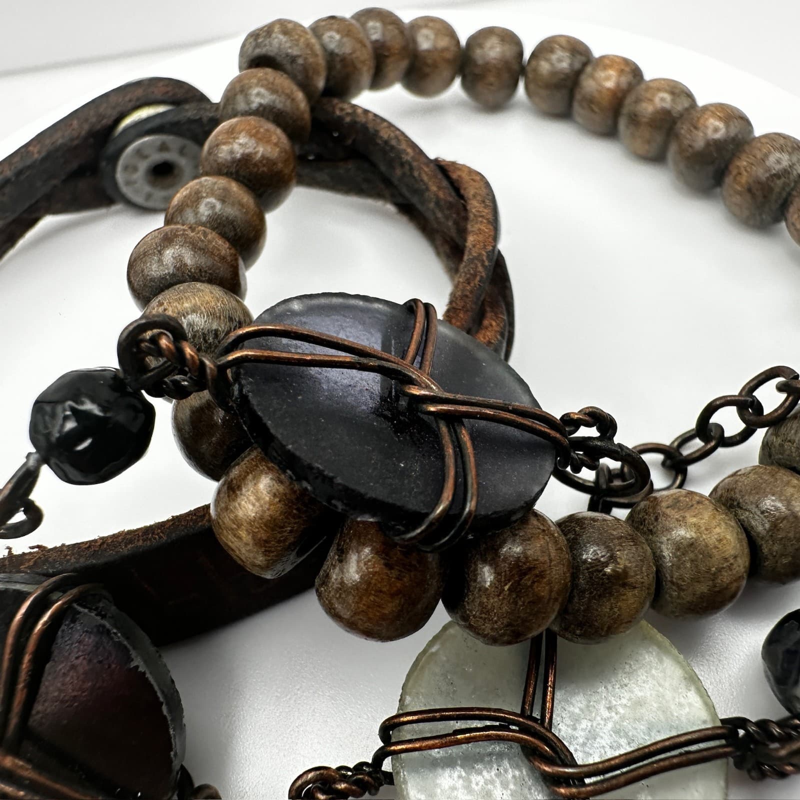 Vintage 80s Boho Layer Leather & Wood Bead Bracelets Wire-Wrapped Charms Jewelry - Thumbnail 7
