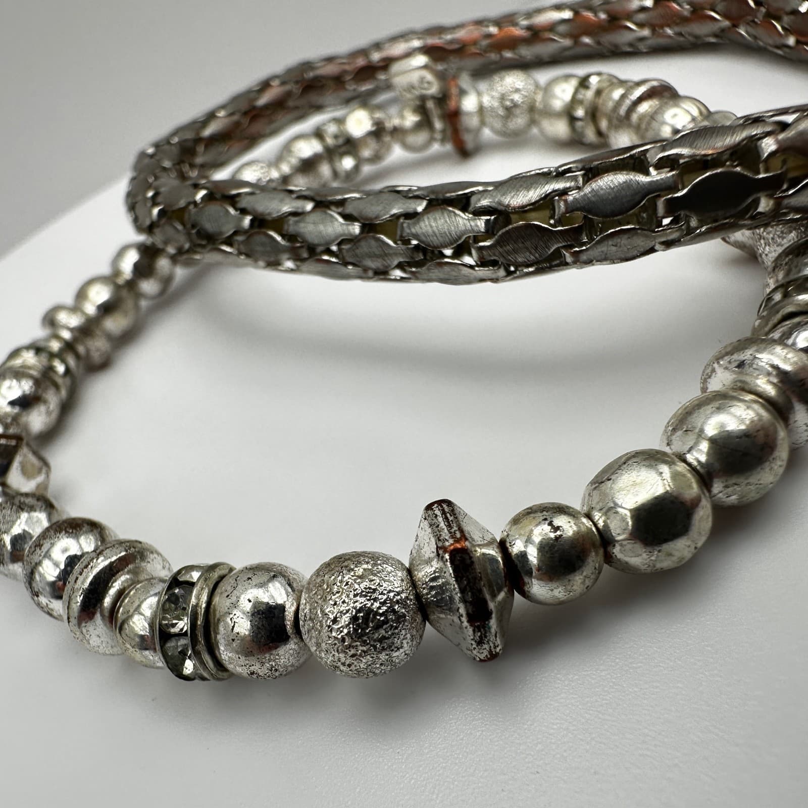 Vintage 90s Dual-Tone Multi-Strand Leather & Silver-Tone Metal Bead Bracelets - Thumbnail 4