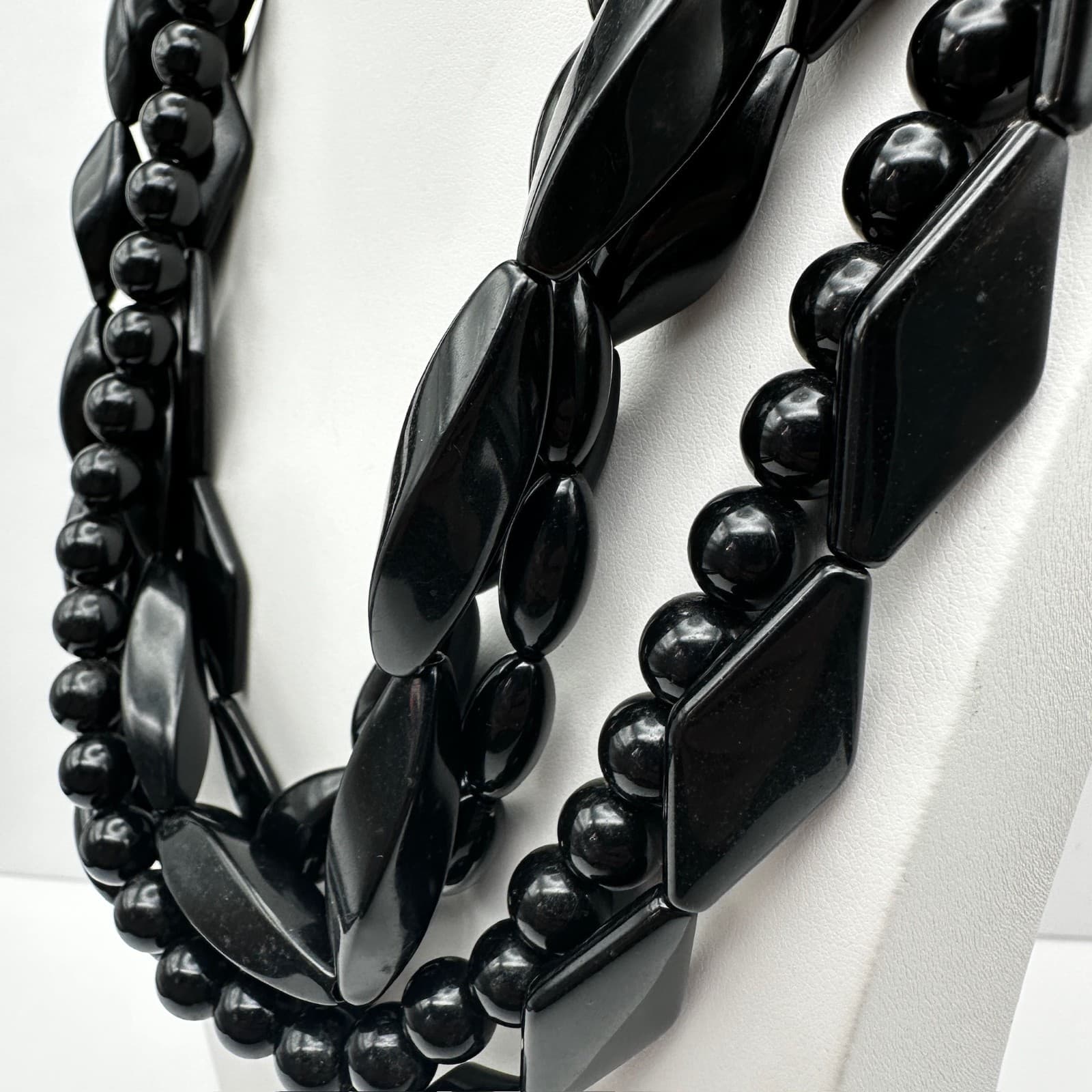 Vintage 80s Black Multi-Strand Necklace Chunky Glossy Bead Women's Jewelry - Thumbnail 7