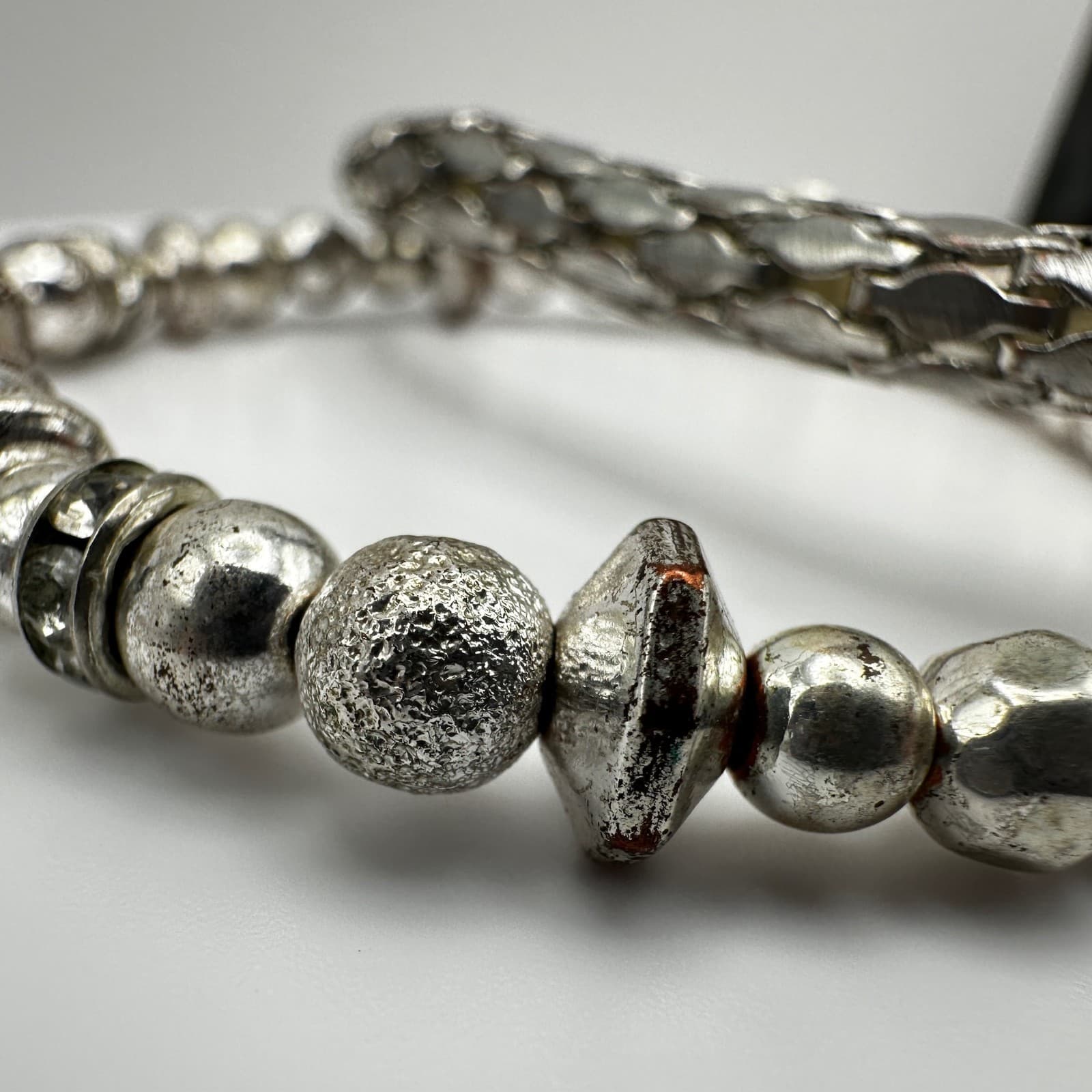 Vintage 90s Dual-Tone Multi-Strand Leather & Silver-Tone Metal Bead Bracelets - Thumbnail 9