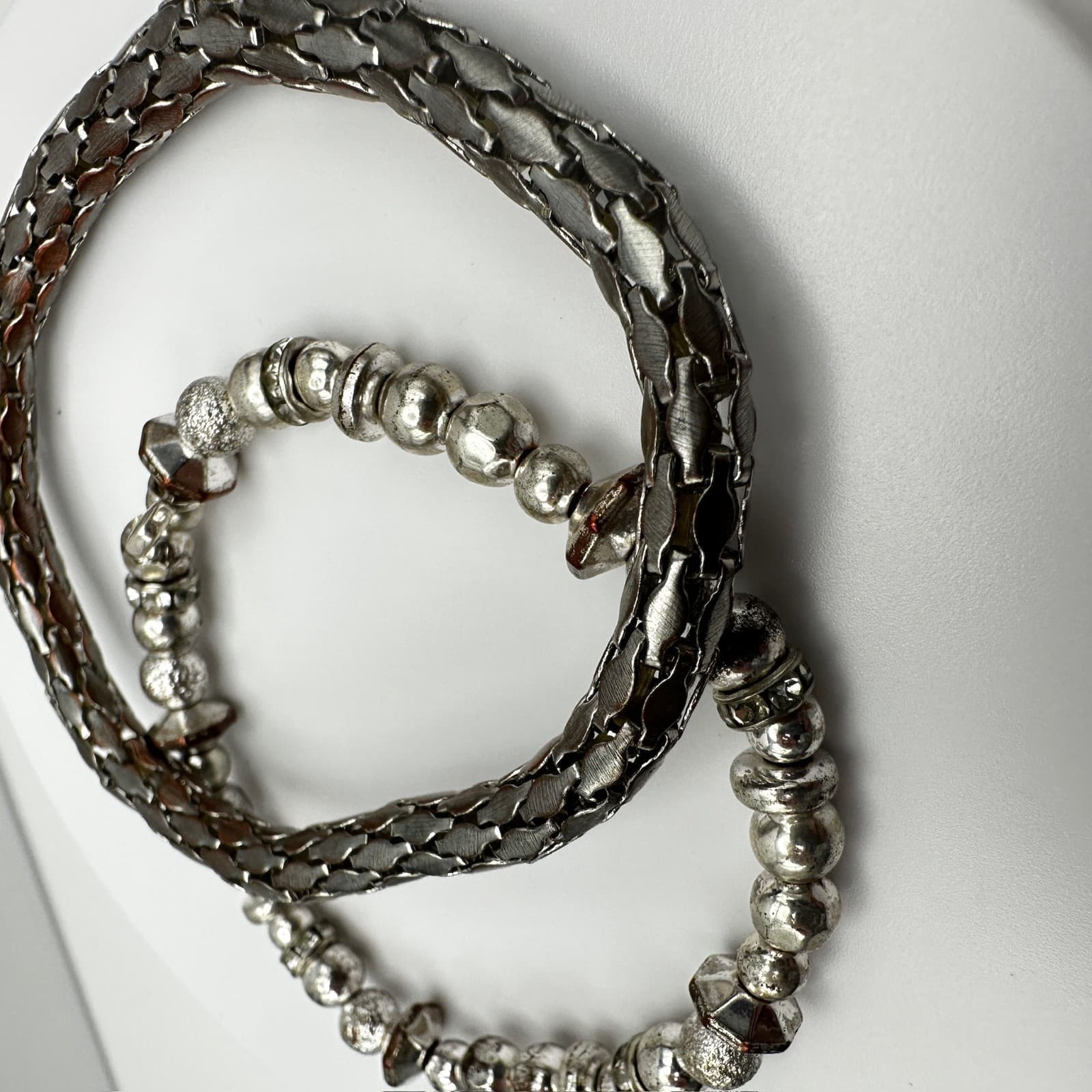 Vintage 90s Dual-Tone Multi-Strand Leather & Silver-Tone Metal Bead Bracelets - Thumbnail 5