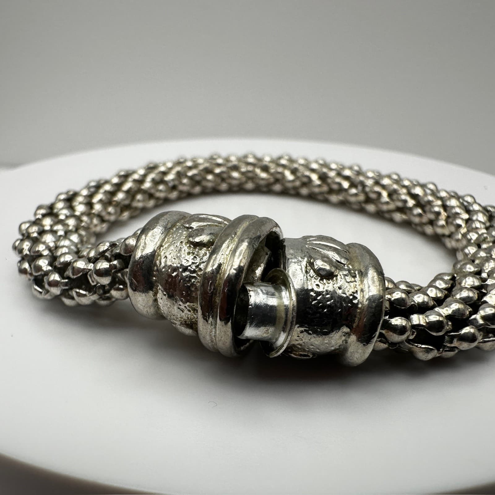 Vintage 80s Silver Beaded Multi-Strand Bracelet Ornate Floral Clasp jewelry - Thumbnail 4