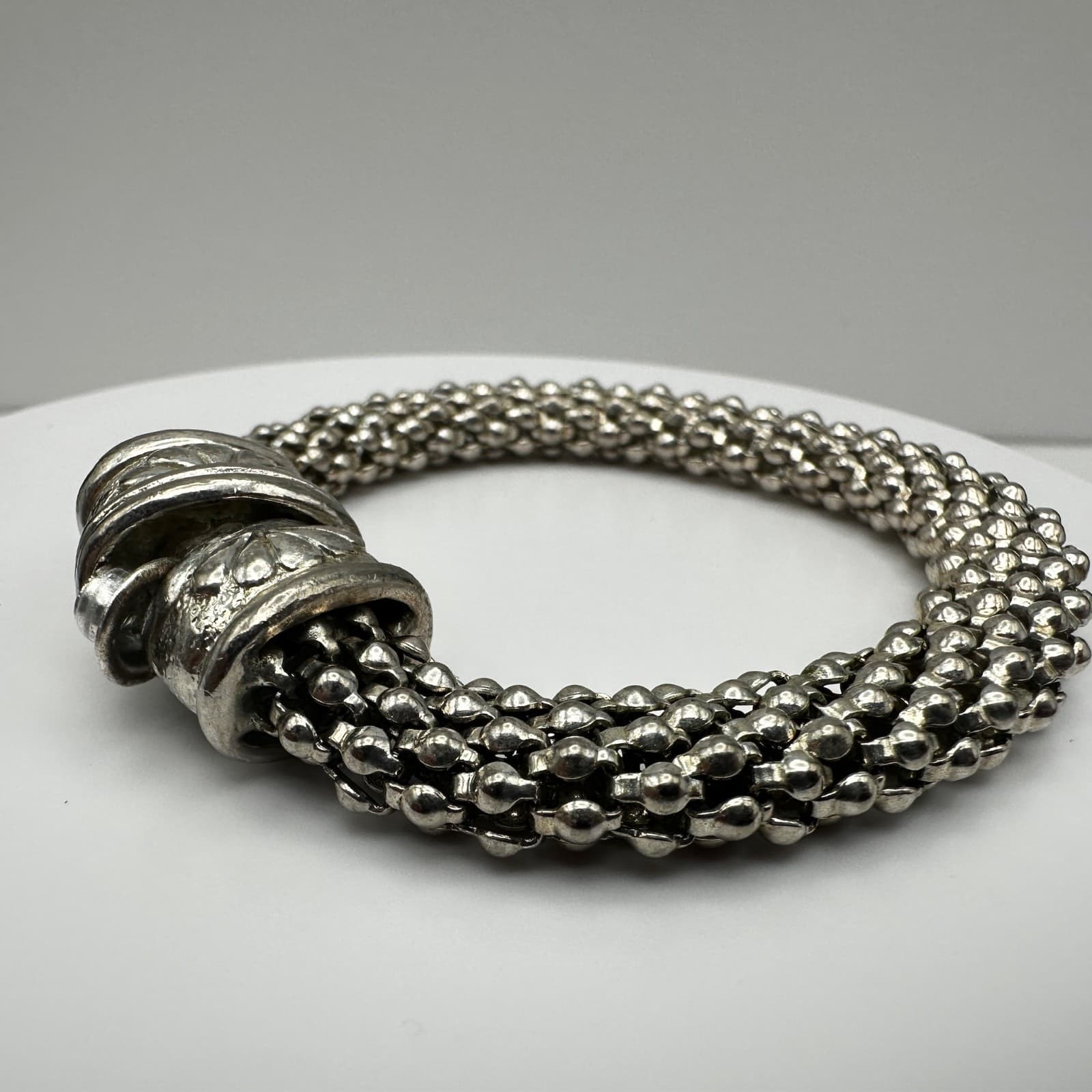 Vintage 80s Silver Beaded Multi-Strand Bracelet Ornate Floral Clasp jewelry - Thumbnail 6