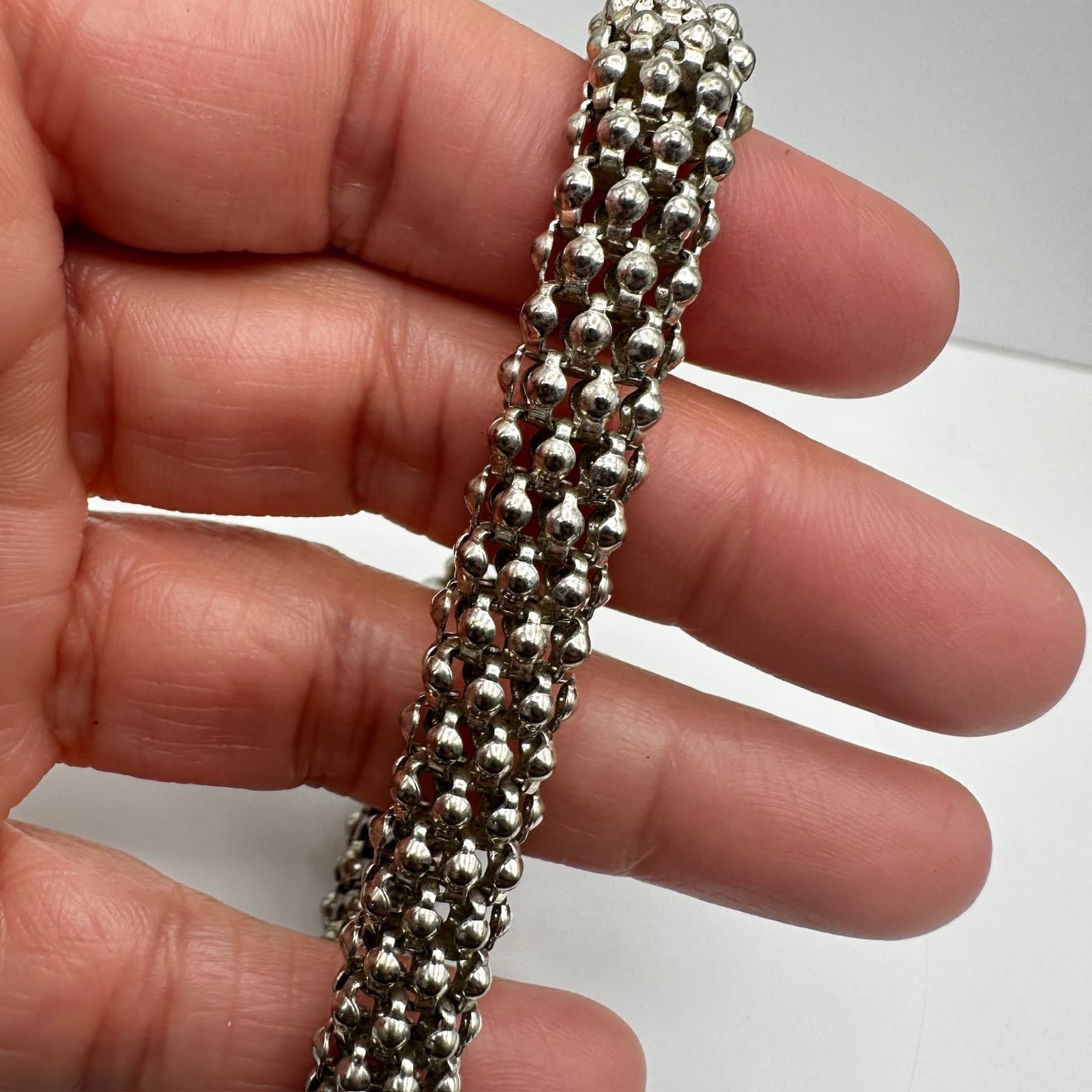 Vintage 80s Silver Beaded Multi-Strand Bracelet Ornate Floral Clasp jewelry - Thumbnail 8