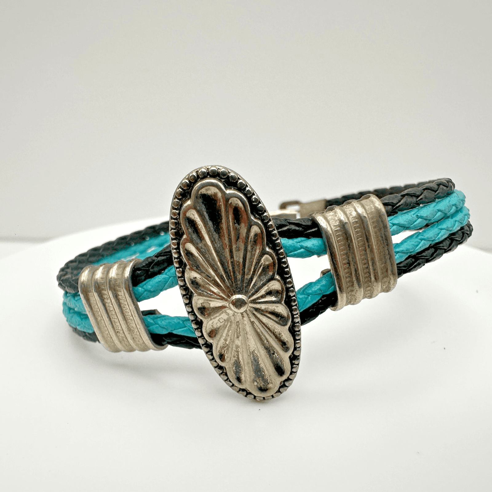 Vintage 80s Black & Turquoise Braided Bracelet, Silver-Tone Concho & Box Clasp - Image 1