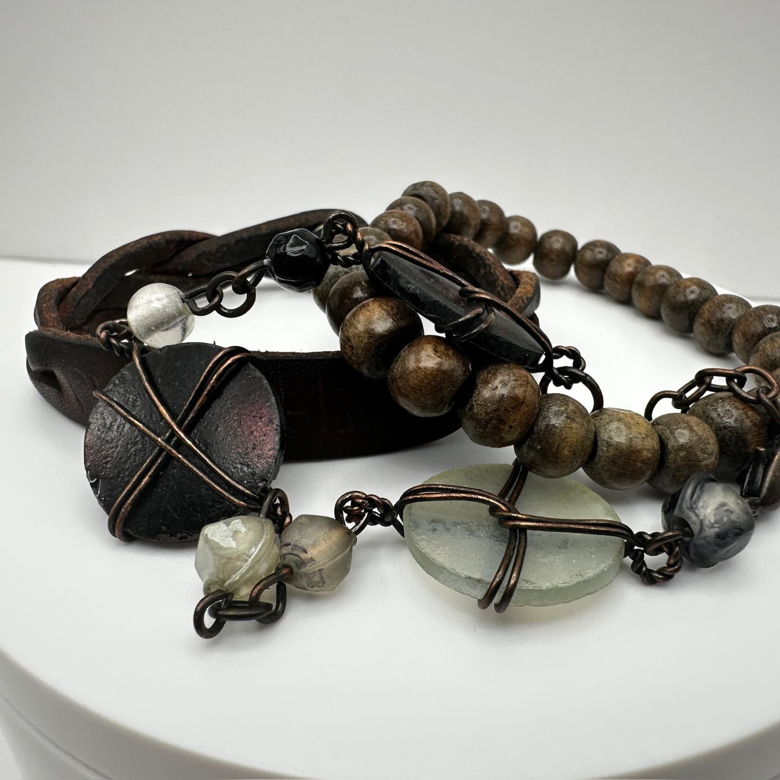 Vintage 80s Boho Layer Leather & Wood Bead Bracelets Wire-Wrapped Charms Jewelry - Thumbnail 3