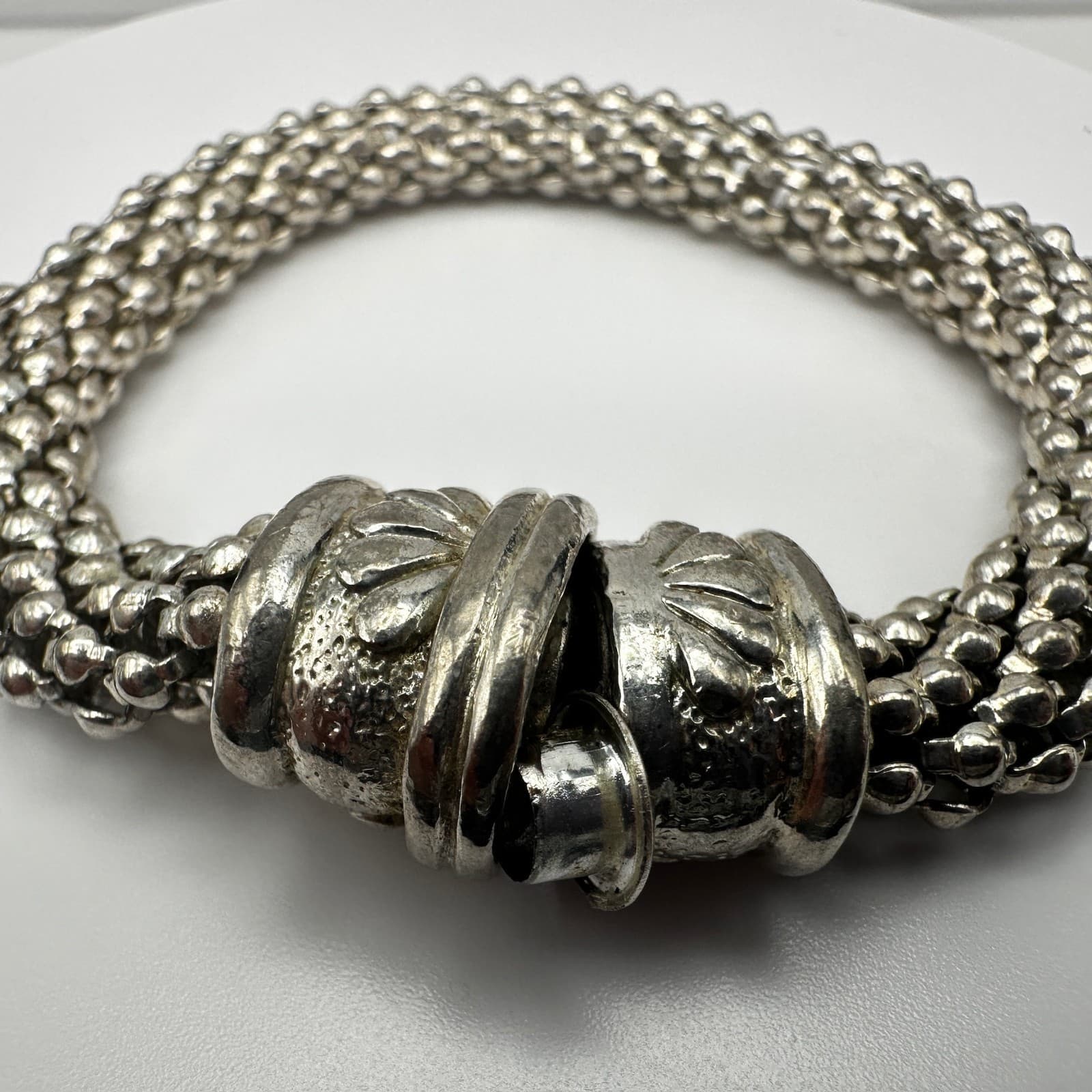 Vintage 80s Silver Beaded Multi-Strand Bracelet Ornate Floral Clasp jewelry - Thumbnail 5