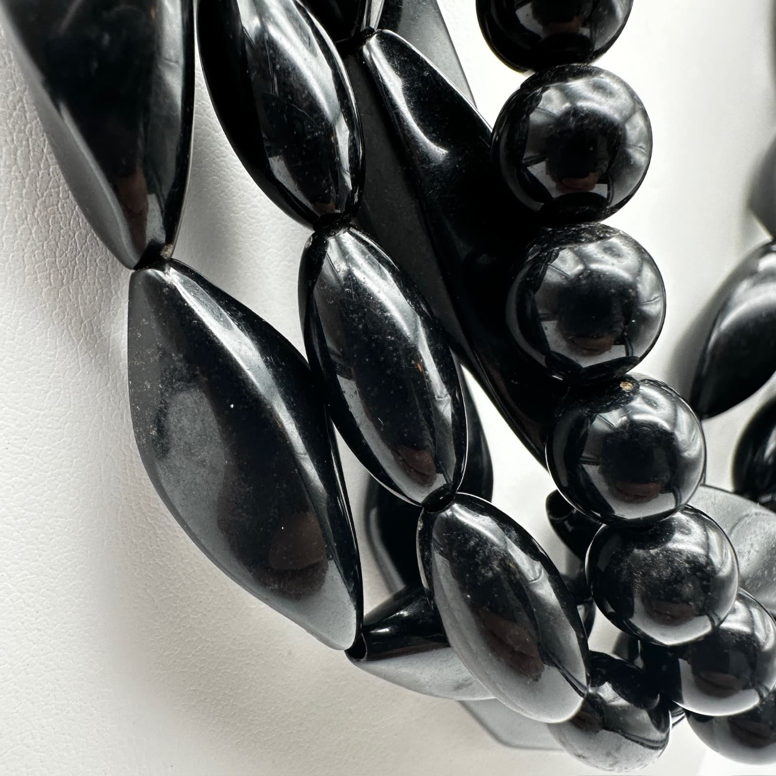 Vintage 80s Black Multi-Strand Necklace Chunky Glossy Bead Women's Jewelry - Thumbnail 3