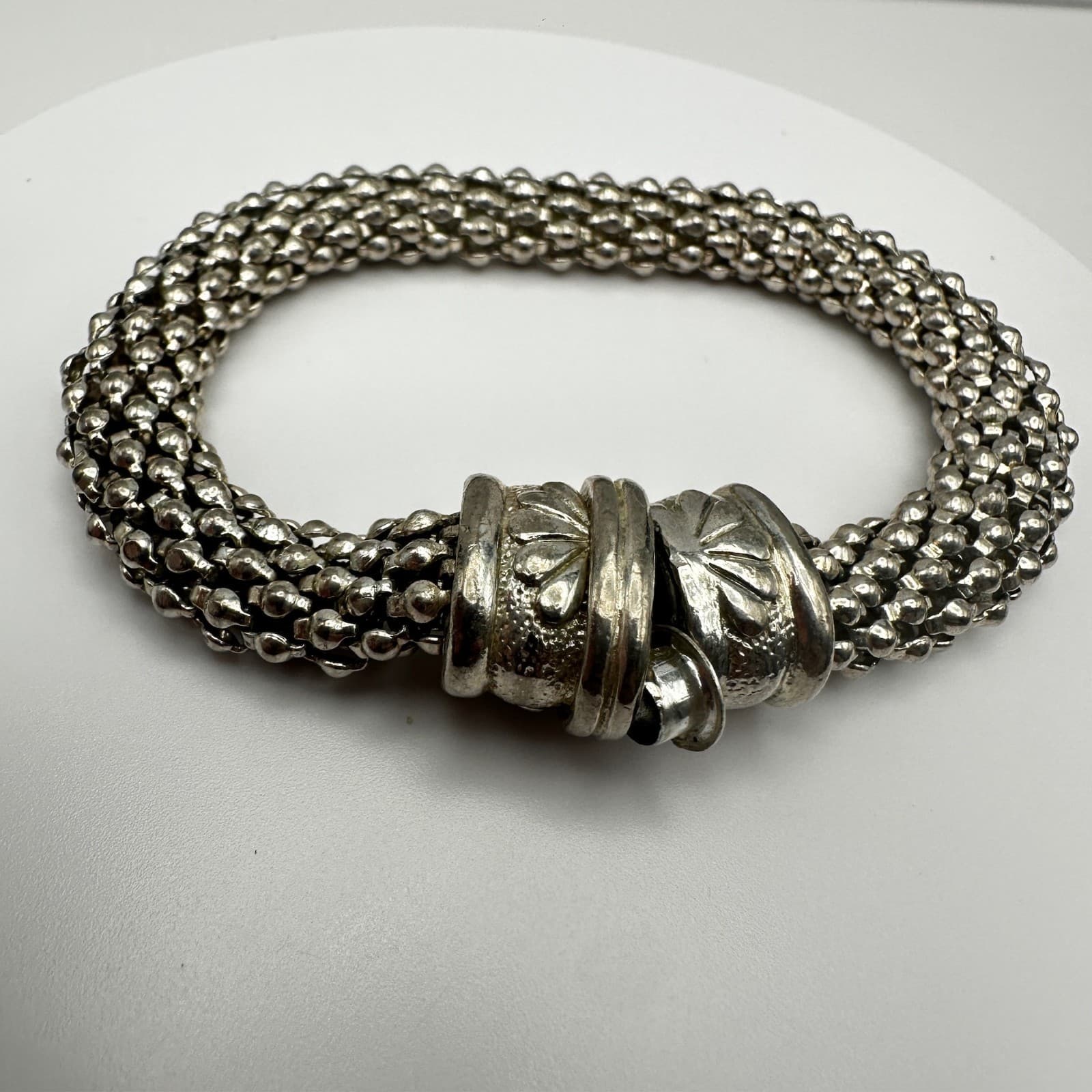 Vintage 80s Silver Beaded Multi-Strand Bracelet Ornate Floral Clasp jewelry - Thumbnail 2