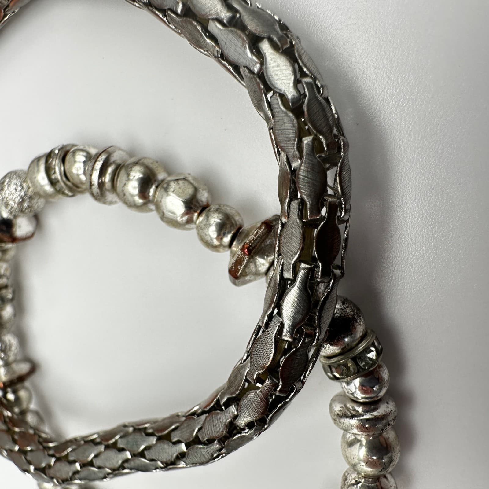 Vintage 90s Dual-Tone Multi-Strand Leather & Silver-Tone Metal Bead Bracelets - Thumbnail 6