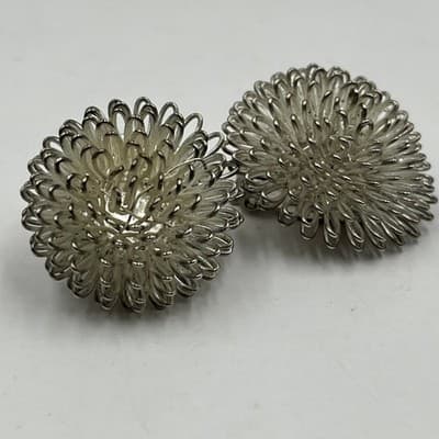 Vintage Silver Tone Wire Loop Pom Pom Floral Burst Clip-On Earrings Mid Century - Thumbnail 2