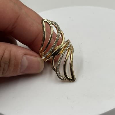 VTG Gold Tone Swirl Statement Ring with Rhinestone Accents Adjustable Wide Band - Thumbnail 4