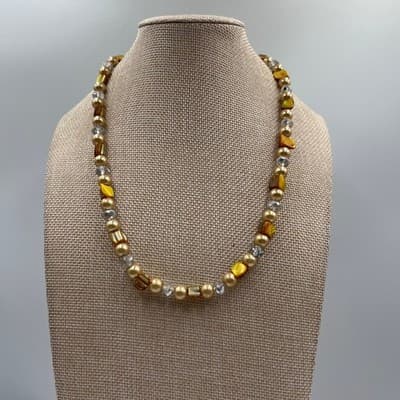 Vintage Gold Tone Classic Pearl & Crystal Beaded Necklace Mixed Beads Victorian - Thumbnail 4