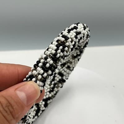Vintage Handmade Black White Beaded Bangle Bracelet Tribal Seed Bead Statement - Thumbnail 5