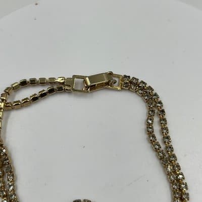 Vintage Gold Tone Rhinestone Tennis Bracelet Faux Pearl Center Double Strand - Thumbnail 2
