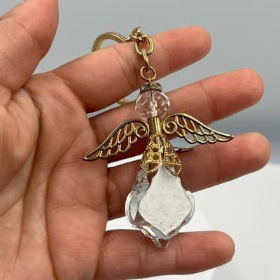 Vintage Angel Keychain Faceted Crystal Prism Gold Tone Guardian Angel Key Ring - Thumbnail 4