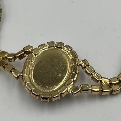 Vintage Gold Tone Rhinestone Tennis Bracelet Faux Pearl Center Double Strand - Thumbnail 5