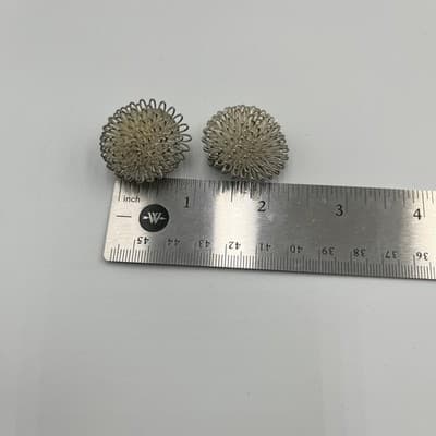 Vintage Silver Tone Wire Loop Pom Pom Floral Burst Clip-On Earrings Mid Century - Thumbnail 6