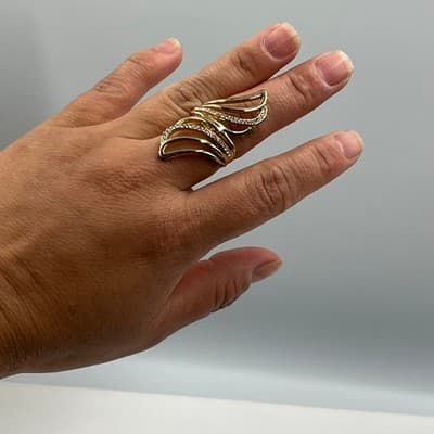 VTG Gold Tone Swirl Statement Ring with Rhinestone Accents Adjustable Wide Band - Thumbnail 5