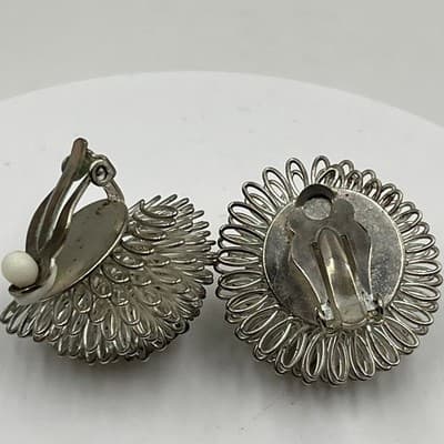 Vintage Silver Tone Wire Loop Pom Pom Floral Burst Clip-On Earrings Mid Century - Thumbnail 4