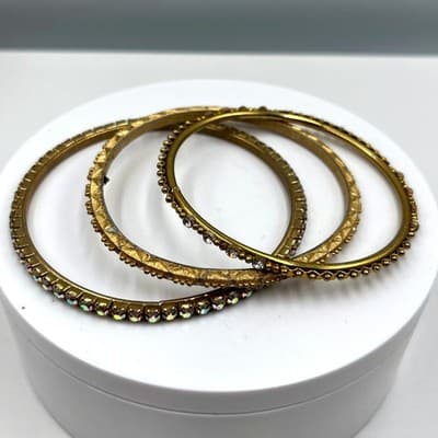 Vintage Gold Tone Rhinestone Bangle Bracelet Set Textured Stackable Bracelets - Image 1