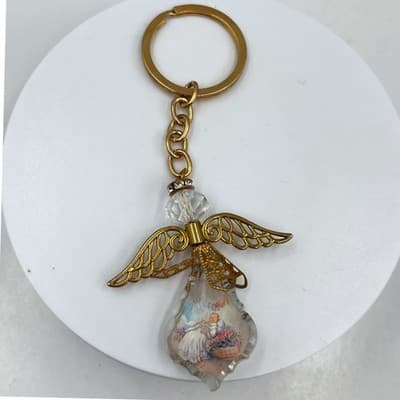 Vintage Angel Keychain Faceted Crystal Prism Gold Tone Guardian Angel Key Ring - Image 1