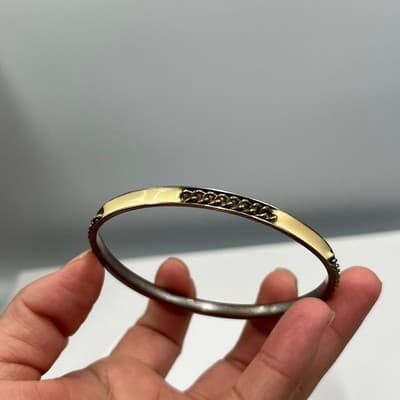 Vintage Gold Tone Cream Enamel Inlay Bangle Bracelet Curb Chain Link Detail - Thumbnail 4