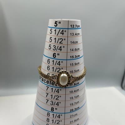 Vintage Gold Tone Rhinestone Tennis Bracelet Faux Pearl Center Double Strand - Thumbnail 7