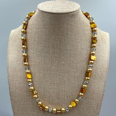 Vintage Gold Tone Classic Pearl & Crystal Beaded Necklace Mixed Beads Victorian - Image 1