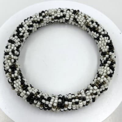 Vintage Handmade Black White Beaded Bangle Bracelet Tribal Seed Bead Statement - Image 1