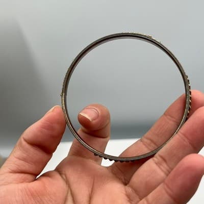 Vintage Gold Tone Cream Enamel Inlay Bangle Bracelet Curb Chain Link Detail - Thumbnail 5