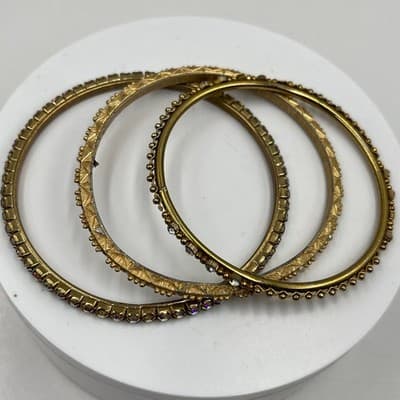 Vintage Gold Tone Rhinestone Bangle Bracelet Set Textured Stackable Bracelets - Thumbnail 2