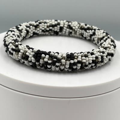 Vintage Handmade Black White Beaded Bangle Bracelet Tribal Seed Bead Statement - Thumbnail 4