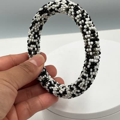 Vintage Handmade Black White Beaded Bangle Bracelet Tribal Seed Bead Statement - Thumbnail 7