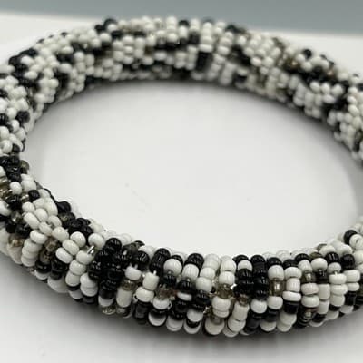 Vintage Handmade Black White Beaded Bangle Bracelet Tribal Seed Bead Statement - Thumbnail 3