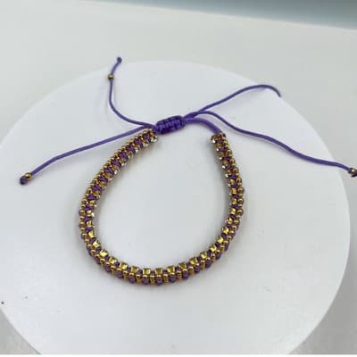 Vintage Purple Cord Gold Tone Beaded Bracelet Classic Rhinestone Style Fashion - Thumbnail 2