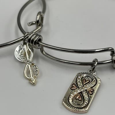 VTG Silver Tone Charm Bangle Bracelet Set Friends Quote Infinity Heart Crystal - Thumbnail 2