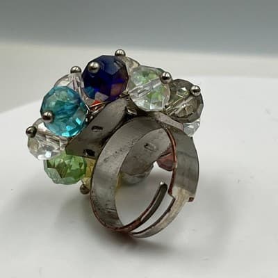 Vintage Multicolor Faceted Crystal Cluster Ring Silver Tone Statement Cocktail - Thumbnail 3