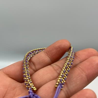 Vintage Purple Cord Gold Tone Beaded Bracelet Classic Rhinestone Style Fashion - Thumbnail 3