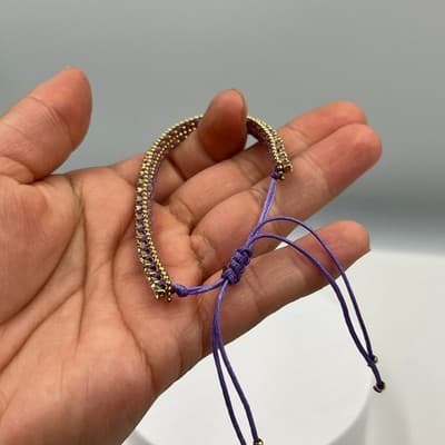 Vintage Purple Cord Gold Tone Beaded Bracelet Classic Rhinestone Style Fashion - Thumbnail 5