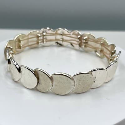 Vintage Silver Tone Disc Link Stretch Bracelet Minimalist Modern Retro Jewelry - Image 1