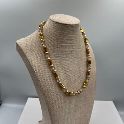 Vintage Gold Tone Classic Pearl & Crystal Beaded Necklace Mixed Beads Victorian - Thumbnail 5