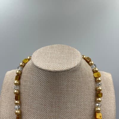 Vintage Gold Tone Classic Pearl & Crystal Beaded Necklace Mixed Beads Victorian - Thumbnail 2