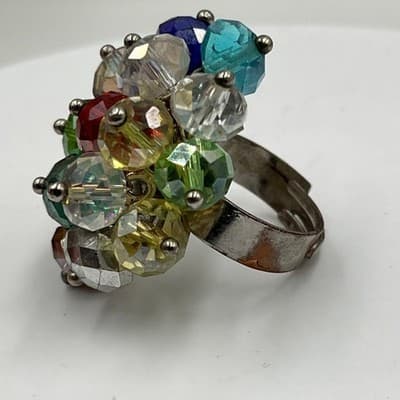 Vintage Multicolor Faceted Crystal Cluster Ring Silver Tone Statement Cocktail - Thumbnail 2