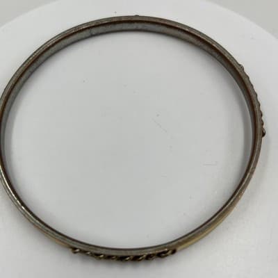 Vintage Gold Tone Cream Enamel Inlay Bangle Bracelet Curb Chain Link Detail - Thumbnail 2