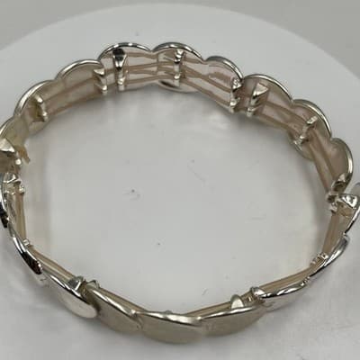 Vintage Silver Tone Disc Link Stretch Bracelet Minimalist Modern Retro Jewelry - Thumbnail 2