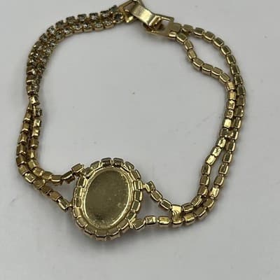 Vintage Gold Tone Rhinestone Tennis Bracelet Faux Pearl Center Double Strand - Thumbnail 4