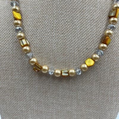 Vintage Gold Tone Classic Pearl & Crystal Beaded Necklace Mixed Beads Victorian - Thumbnail 3